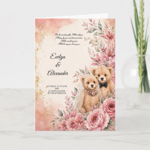 Cartão Noiva e Noivo Ursinho Teddy Fofo com Floral Rosa