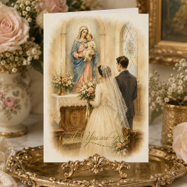 Cartão Noiva e Noivo Vintage no Altar Católico de Maria