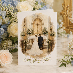 Cartão Noiva & Noivo Ajoelhados no Altar Casamento