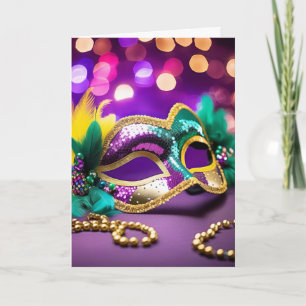 Cartão Noivado da Máscara Dourada Sequin Mardi Gras
