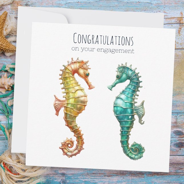 Cartão Noivado de Casal Envolvido para Cavalos-marinhos B (An engagement card with a picture of two sea horses, one yellow and one turquoise)