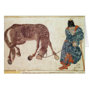 Cartão Nómada do Mongolian que toma seu cavalo à água