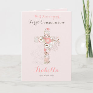 Cartão Nome da cruz floral cor-de-rosa-rosado da primeira