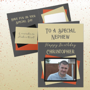 Cartão Nome da foto do sobrinho cinza aniversário laranja