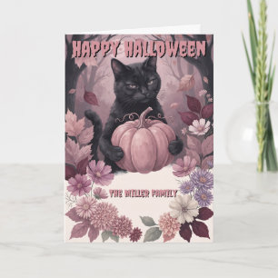 Cartão Nome de Família Personalizado Gato Preto & Abóbora