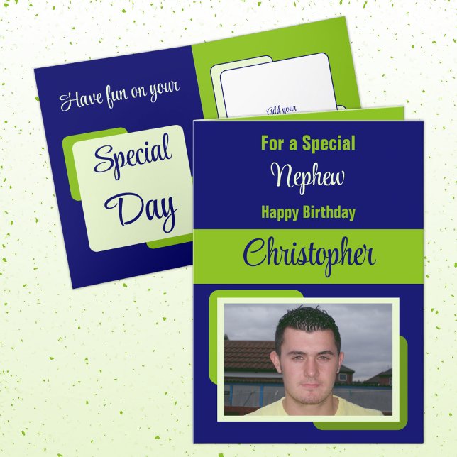 Cartão Nome do sobrinho foto, aniversário verde azul (Criador carregado)