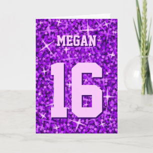 Cartão 'Nome e Idade' Roxo Glitz 'Feliz Aniversári