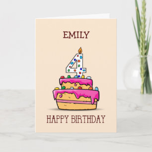 Cartão Nome Personalizado, 4.º Aniversário, 4.º Bolo Rosa