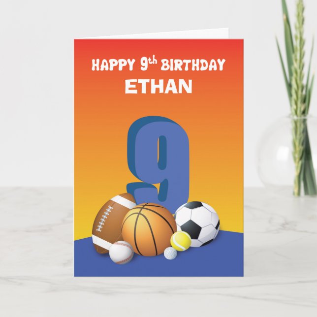 Cartão Nome Personalizado 9. º Aniversário de Esportes (Frente)