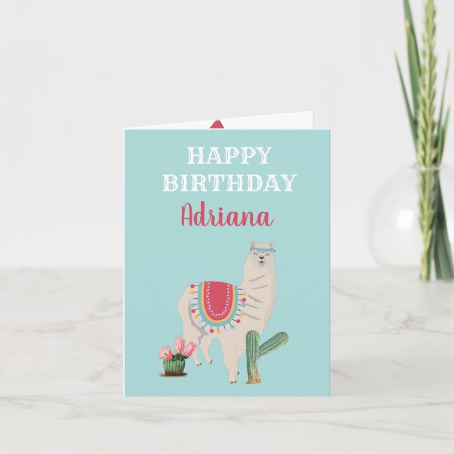 Cartão Nome Personalizado Cute Llama Cactus Aniversário (Frente)