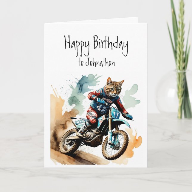 Cartão Nome Personalizado de Aniversário Cat Riding Motoc (Frente)