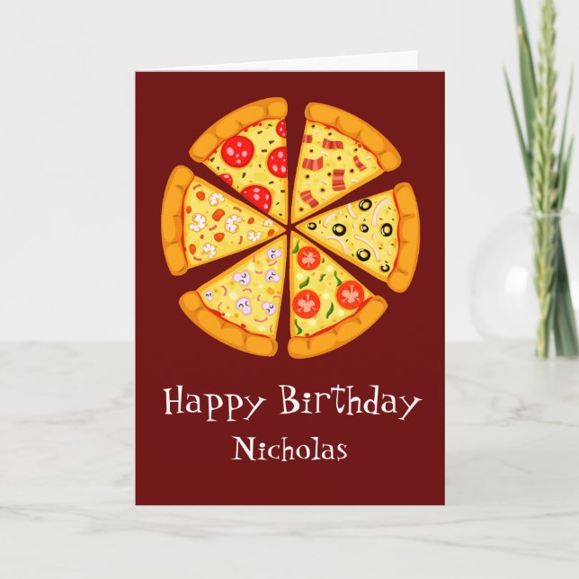 Cartão Nome personalizado de aniversário com pizza (Frente)
