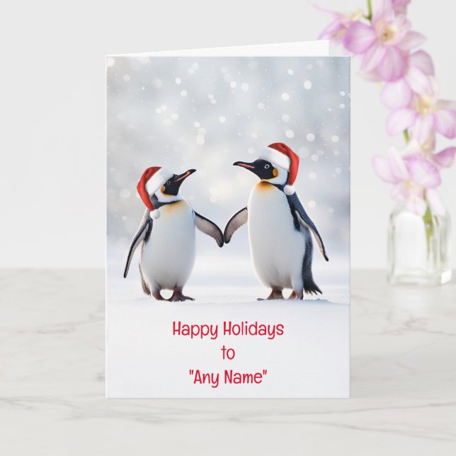 Cartão Nome personalizado de Natal Casal Pinguins (Orquídea)