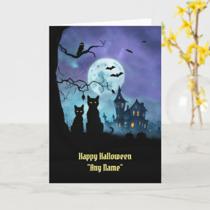 Cartão Nome Personalizado do Halloween com Coruja de Gato