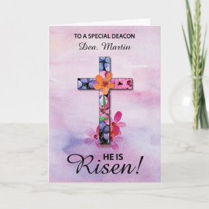 Cartão Nome personalizado Páscoa Deacon Ele é Risen Cross
