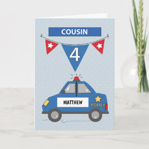 Cartão Nome Personalizado Primo 4.º Aniversário Carro A