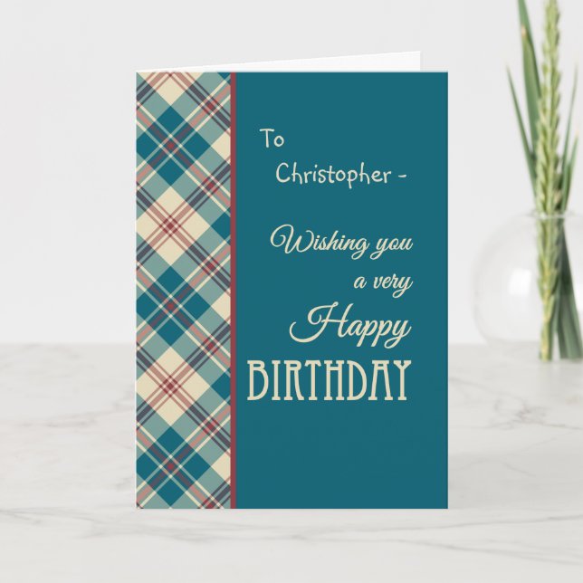 Cartão Nome personalizado Red Blue Madras Check Birthday (Frente)