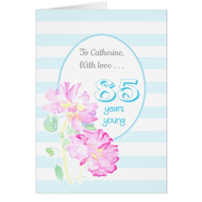 Cartão Nome Personalizado Rosas Rosa e Stripes 85º Aniver (Frente)