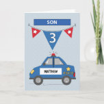 Cartão Nome Personalizado Son aniversário de 3 anos Blue<br><div class="desc">Personalize o cobrir deste cartão com o nome do seu filho na lateral do cartão da polícia. Será excelente cumprimentá-lo assim que ele vier celebrar seu aniversário de 3 anos muito em breve. Compartilhe com ele uma mensagem divertida que certamente coloca um sorriso em seu rosto bonito.</div>