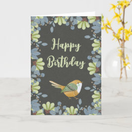 Cartão Nórdico Verde Bird Floral Watercolor Aniversário