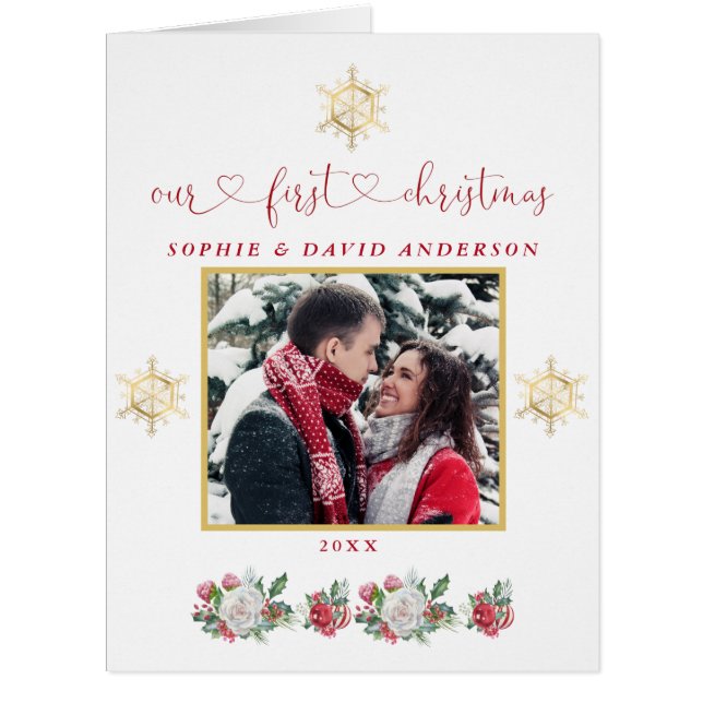 Cartão Nosso Primeiro Casamento De Foto Floral Floco De N (Frente)
