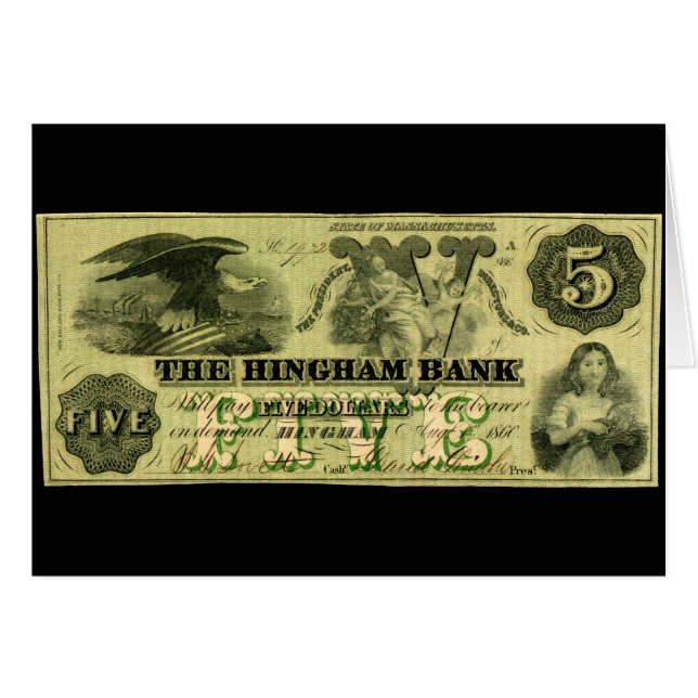 Cartão Nota de 5 Dólares de Hingham Massachusetts, 1860 (Frente Horizontal)