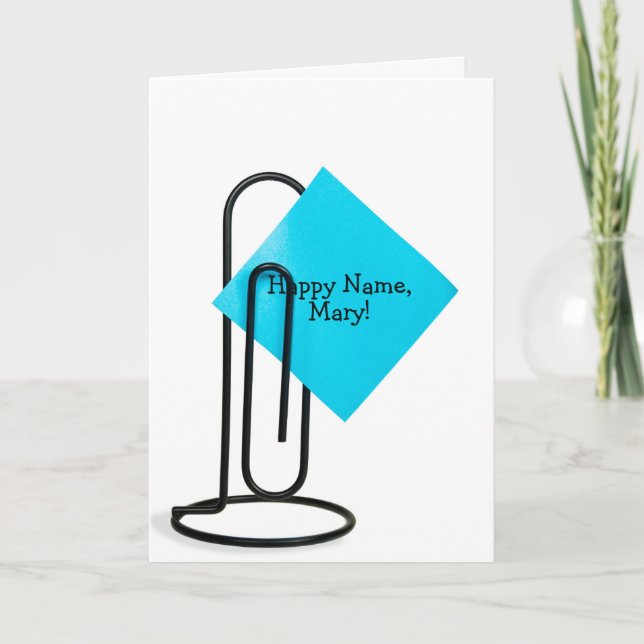 Cartão Nota do Dia de Nome Feliz no clipe de papel (Frente)