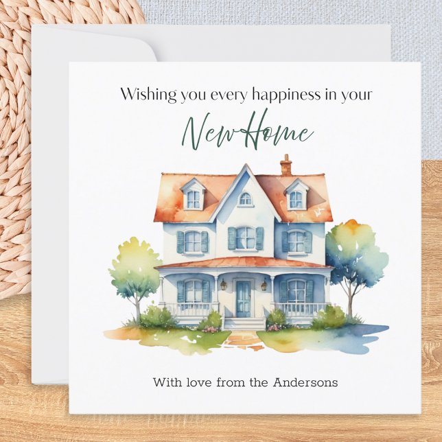 Cartão Nova Cor de Água da Felicidade Doméstica Personali (A personalized card in a watercolor style, to wish friends or family happiness in their new Home)