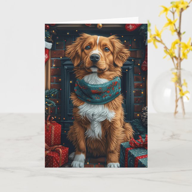 Cartão Nova Escócia Duck Toller Lareira de Natal (Flor Amarela)