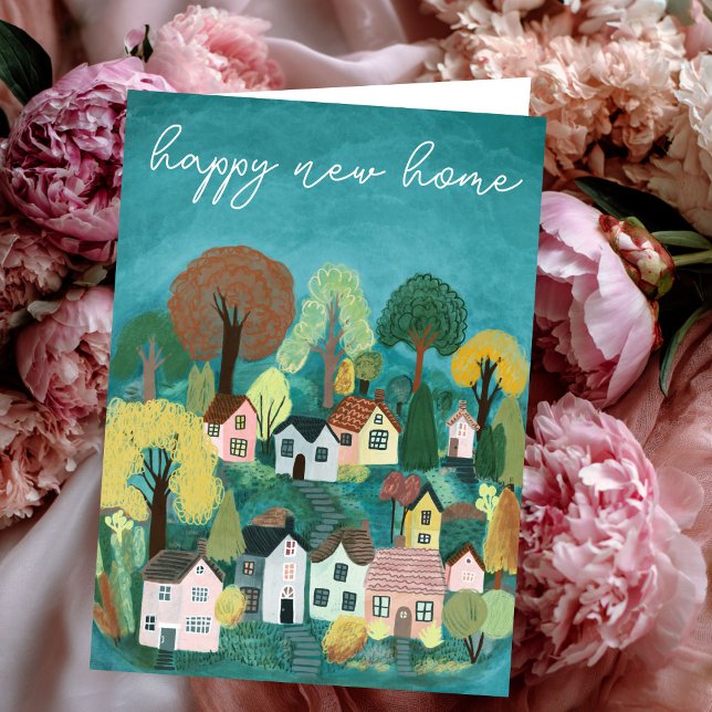 Cartão NOVA Ilustração da Vila de Campo FELIZ (HAPPY NEW HOME Congratulations Moving Cute Country Village Illustration Card
)