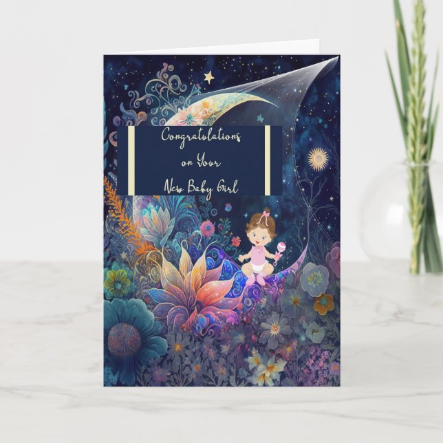 Cartão Nova Menina Bebê com Lua e Estrelas (Frente)