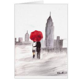Cartão Nova York ama casal com guarda-chuva vermelha