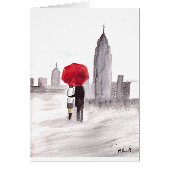 Cartão Nova York ama casal com guarda-chuva vermelha (Frente)