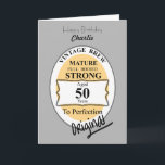 Cartão Novelty 50th Milestone Birthday Funny BeerLabel<br><div class="desc">Cartão de aniversário para homens que estão fazendo cinquenta anos; uma imagem engraçada de novidade de um gráfico de etiqueta de cerveja falsa. Vintage Brew, madura, cheio morta, forte, 50 anos até à perfeição, original. Um cartão de saudação personalizado do Bonito Diversão, que é obrigado a trazer algumas risadas.</div>