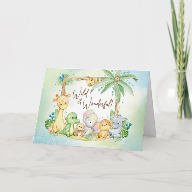 Cartão Novo Bebê Menino Animais de Safari Selvagens e Mar (Frente)