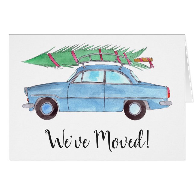 Cartão Novo endereço Blue Carro Árvore de Natal Aquarela (Frente Horizontal)
