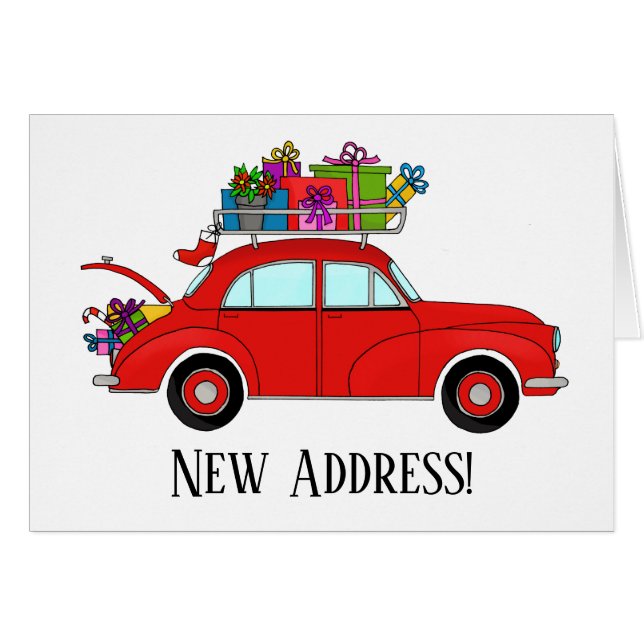 Cartão Novo Endereço Carro Vermelho com presentes de Nata (Frente Horizontal)