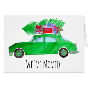 Cartão Novo endereço Green Car Christmas Gifts Watercolor
