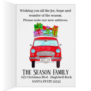 Cartão Novo endereço Red Car Natal Gifts Watercolor