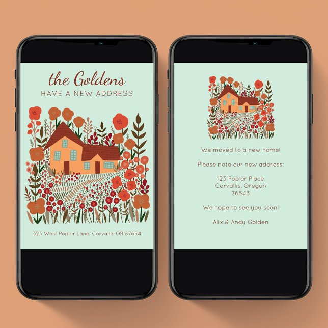 Cartão Novo endereço residencial Movimentação de Flores d (New Home Address Moving Farmhouse Flowers Autumn Digital Email Tree-Free Card)