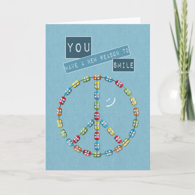 Cartão Novo sinal de paz de Parabéns de aparelho em Denim (Frente)