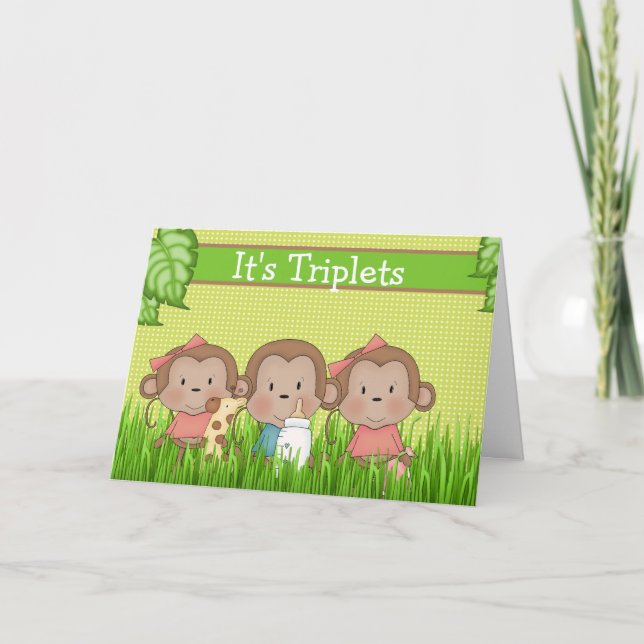 Cartão Novo Triplet De Bebê Duas Meninas Um Macaco Bonito (Frente)
