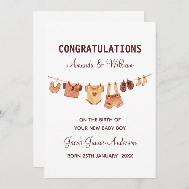 Cartão Novos Parabéns de roupas para bebês personalizados (Frente/Verso)