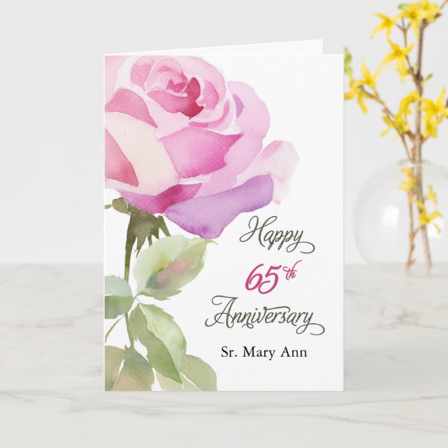 Cartão Nun Custom Name 65th Anniversary Pink Rose (Flor Amarela)