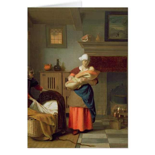 Cartão Nursemaid com bebê em um interior (Frente)