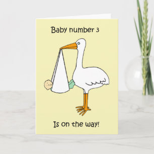 Cartão O bebê número 3 está a caminho, Cartoon Stork.