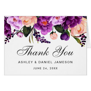 Cartão O casamento floral roxo ultravioleta agradece à