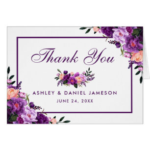 Cartão O casamento floral roxo ultravioleta agradece à