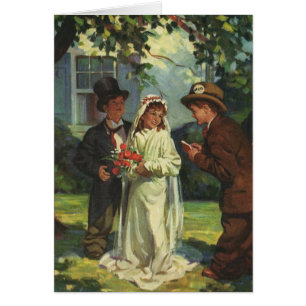 Cartão O casamento vintage, crianças finge noivos