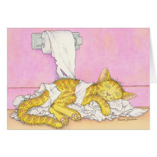 Cartão O CAT dorme no papel higiénico (Frente horizontal)